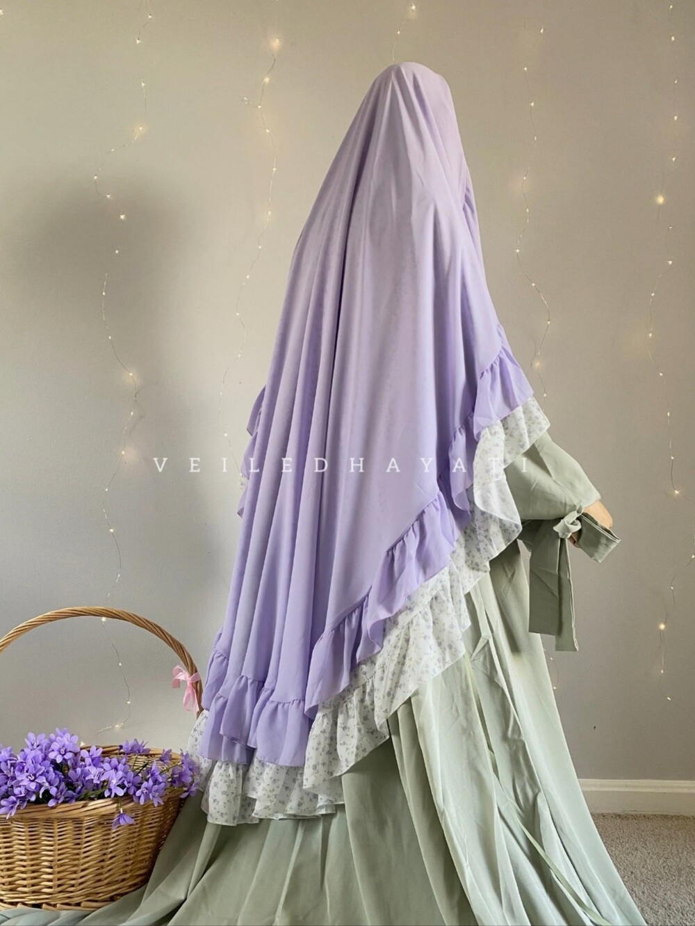 Lavender Ruffle Women Hijab Khimar - Soft Floral Trim